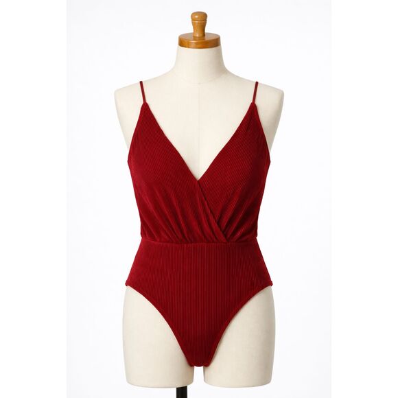 Final Touch Tops - Pleated Cherry Red Fitted Bodysuit